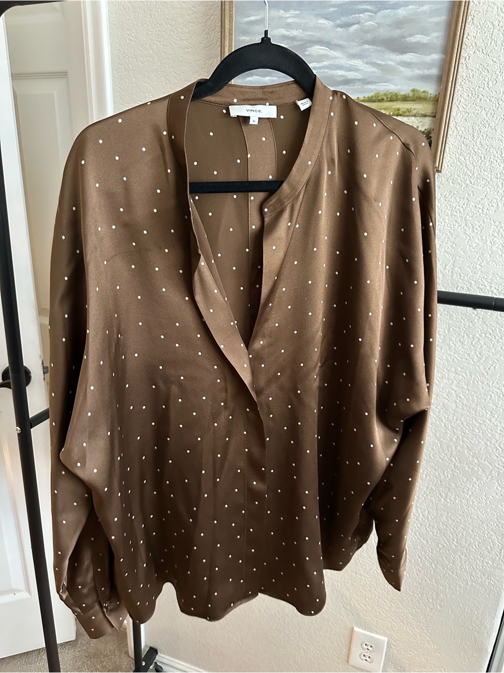 Vince Brown Polka Dot V-Neck Blouse with White Dots